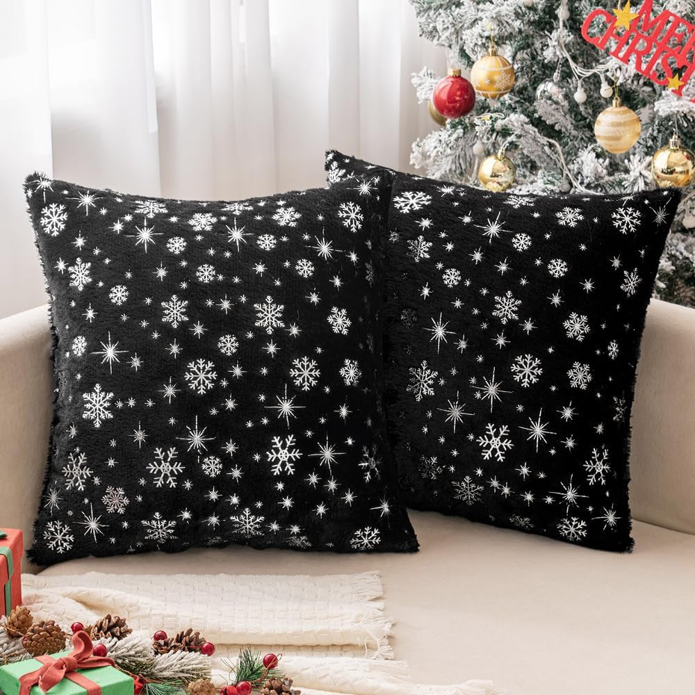 Set of 2 Christmas Decorative Throw Pillow Covers Soft Faux Fur Winter Pillow Covers with Silver Snowflake Glitter Holiday Festival Pillowcases for Couch Sofa Bed, 18×18Inch, Black