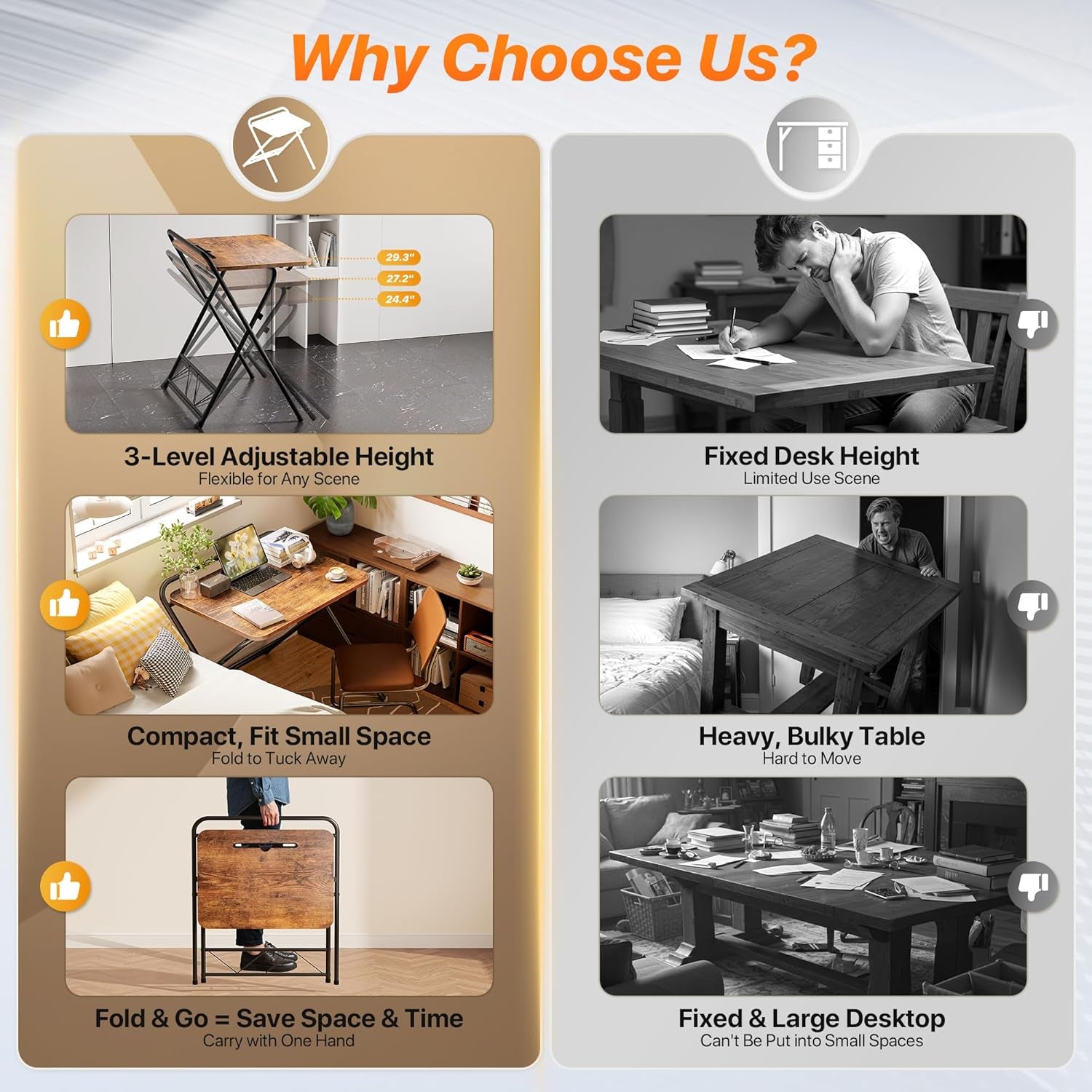 Folding Desk with Adjustable Height and Tablet Slot, 24-Inch Space-Saving Computer Desk for Home Office, Bedroom, and Study in Rustic Brown