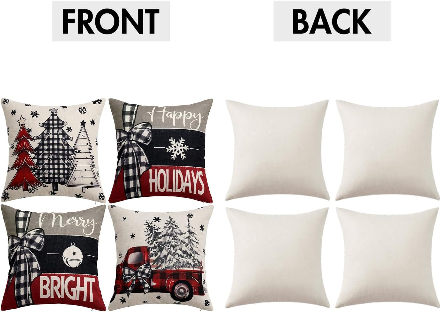 Set of 4 Black and Red Decorative Pillow Covers 16X16 Inch Happy Holiday Christmas Tree Throw Pillow Cases Winter Seasonal Cushion Cases Home Decors for Sofa Couch Bedroom