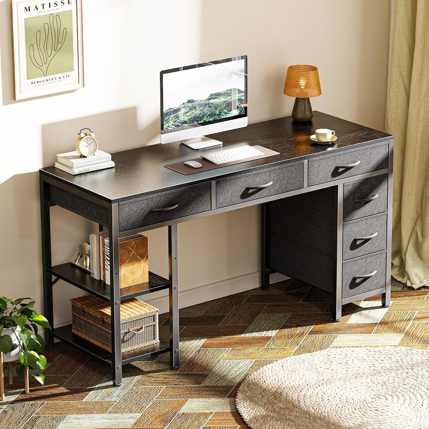 47-Inch Computer Desk with 6 Drawers and Shelves, Versatile Reversible Gaming and Corner Desk with Storage for Home Office, Study, and Living Room, Black