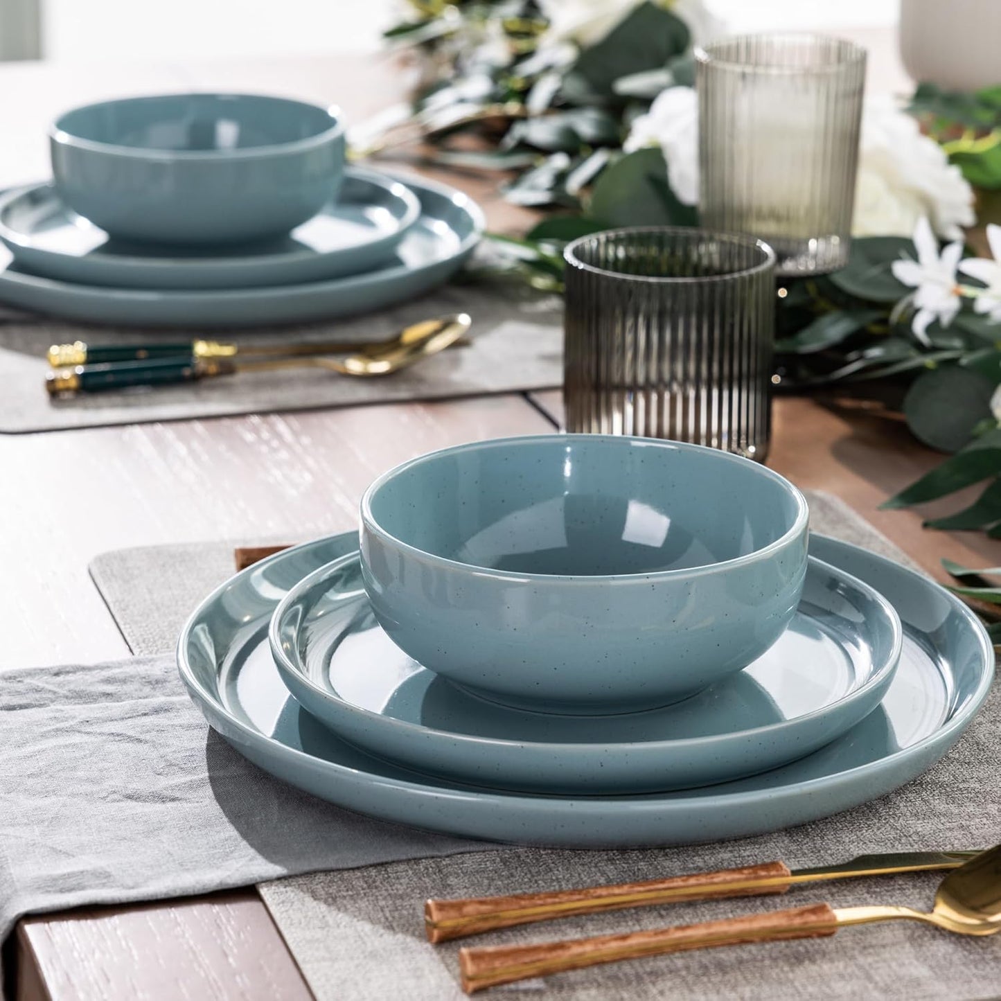 Ceramic Dinnerware Set for Four - 12-Piece Stoneware Plates and Bowls, Handmade, Chip and Scratch Resistant, Dishwasher and Microwave Safe