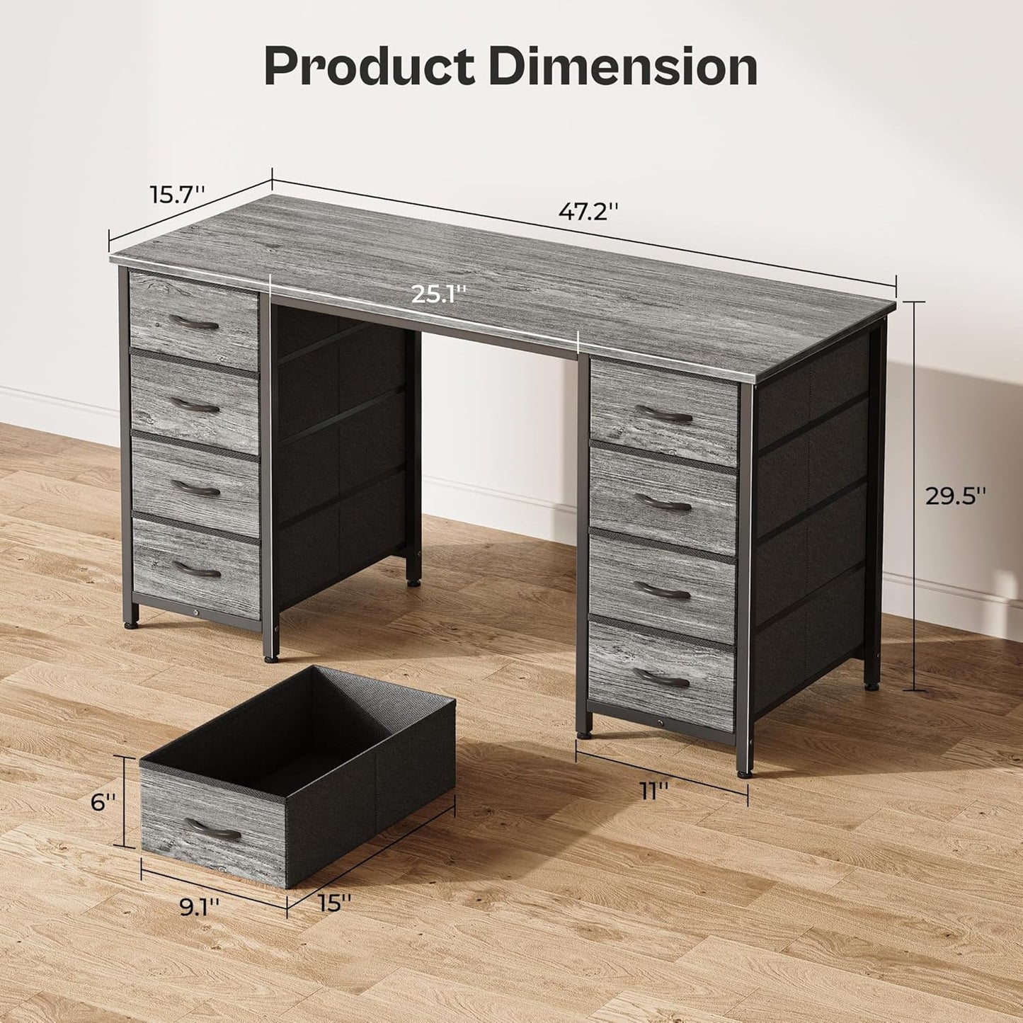 47-Inch Computer Desk with 8 Fabric Drawers - Versatile Office and Gaming Desk for Home Office and Study with Ample Storage in Grey