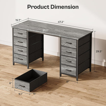 47-Inch Computer Desk with 8 Fabric Drawers - Versatile Office and Gaming Desk for Home Office and Study with Ample Storage in Grey