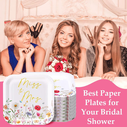 100-Count Floral Disposable Paper Plate Set - 9-Inch Dinner Plates and 7-Inch Square Dessert Plates for Weddings, Birthdays, and Baby Showers (Pink and Gold, Miss to Mrs Theme)