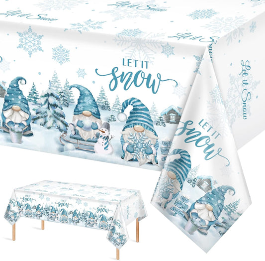 1 Pcs Christmas Winter Gnome Tablecloth, Plastic Disposable Christmas Let It Snow Snowflake Xmas Tree Ice Blue Table Cover for Xmas Winter Holiday Themed Party Decorations and Supplies, 54 X 108 Inch