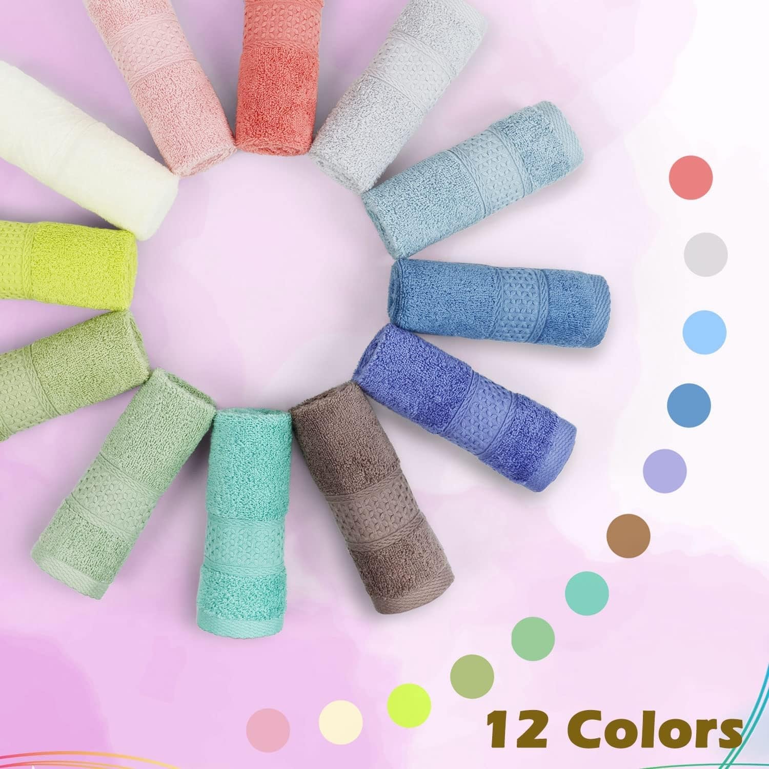 100% Cotton Wash Cloths 12 Pack Bath Washcloths Facecloths, 13 by 13 Inches Large Bathroom Washcloth Set 12 Assorted Colors (Multi, 12)