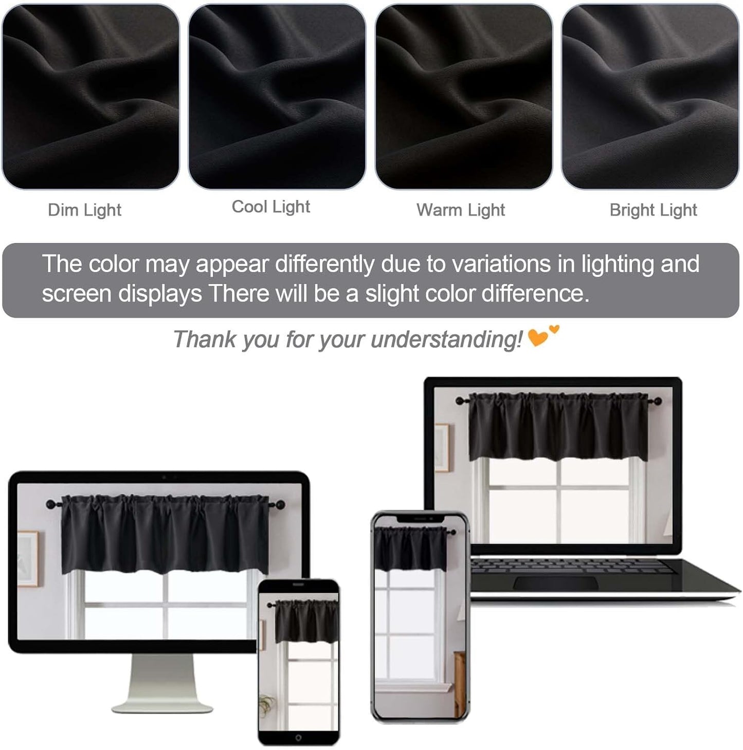 Black Valances for Window, Room Darkening Short Curtains for Kitchen Bedroom Living Room, Rod Pocket Top Small Window Treatment Valance RV Bunk Panels, 40" Wx14 L, 2 Pieces