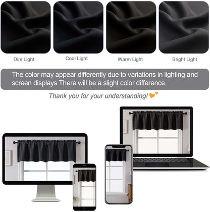 Black Valances for Window, Room Darkening Short Curtains for Kitchen Bedroom Living Room, Rod Pocket Top Small Window Treatment Valance RV Bunk Panels, 40" Wx14 L, 2 Pieces