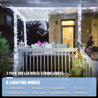 2 Pack 100 LED White Christmas Lights Indoor, 33Ft 8 Modes White String Lights Indoor Outdoor Connectable, Clear Wire Christmas String Lights for Bedroom Tree Xmas House Party Decorations