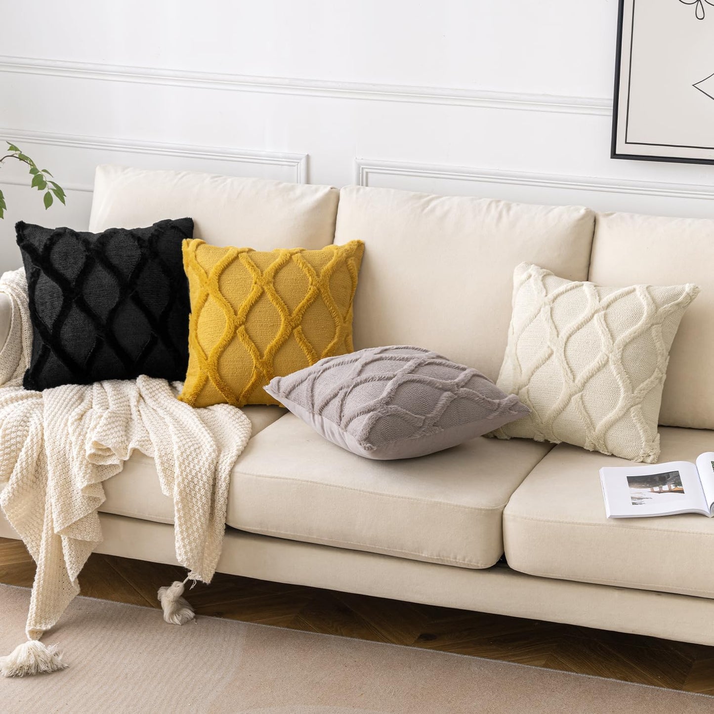 Spring Decorative Throw Pillow Covers Mustard Yellow 18X18 Inch Set of 2, Soft Plush Faux Wool Couch Cushion Covers Farmhouse Throw Pillows for Couch Bed Sofa Living Room