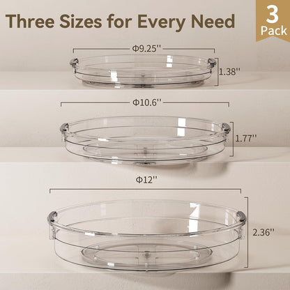 3 Pack Lazy Susan Organizer Turntable for Cabinet, Rotating Condiment Organizer for Kitchen Pantry Organizers and Storage, Table Top, Fridge, Countertop, Spice Organization, 9.25'' 10.6'' 12''
