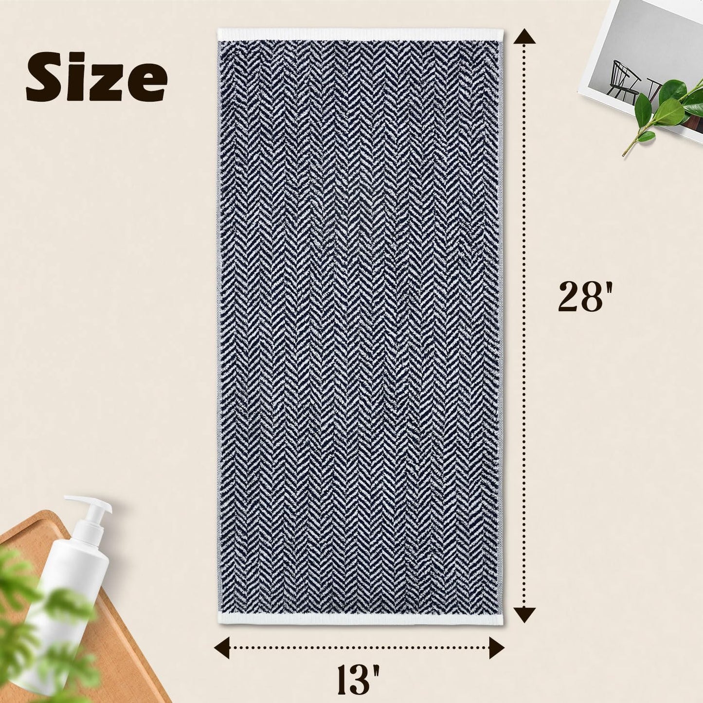 Hand Towels for Bathroom with Decorative Herringbone Stripes, 100% Cotton, 13 X 28 Inches, Navy-Blue and White, 2 Pack