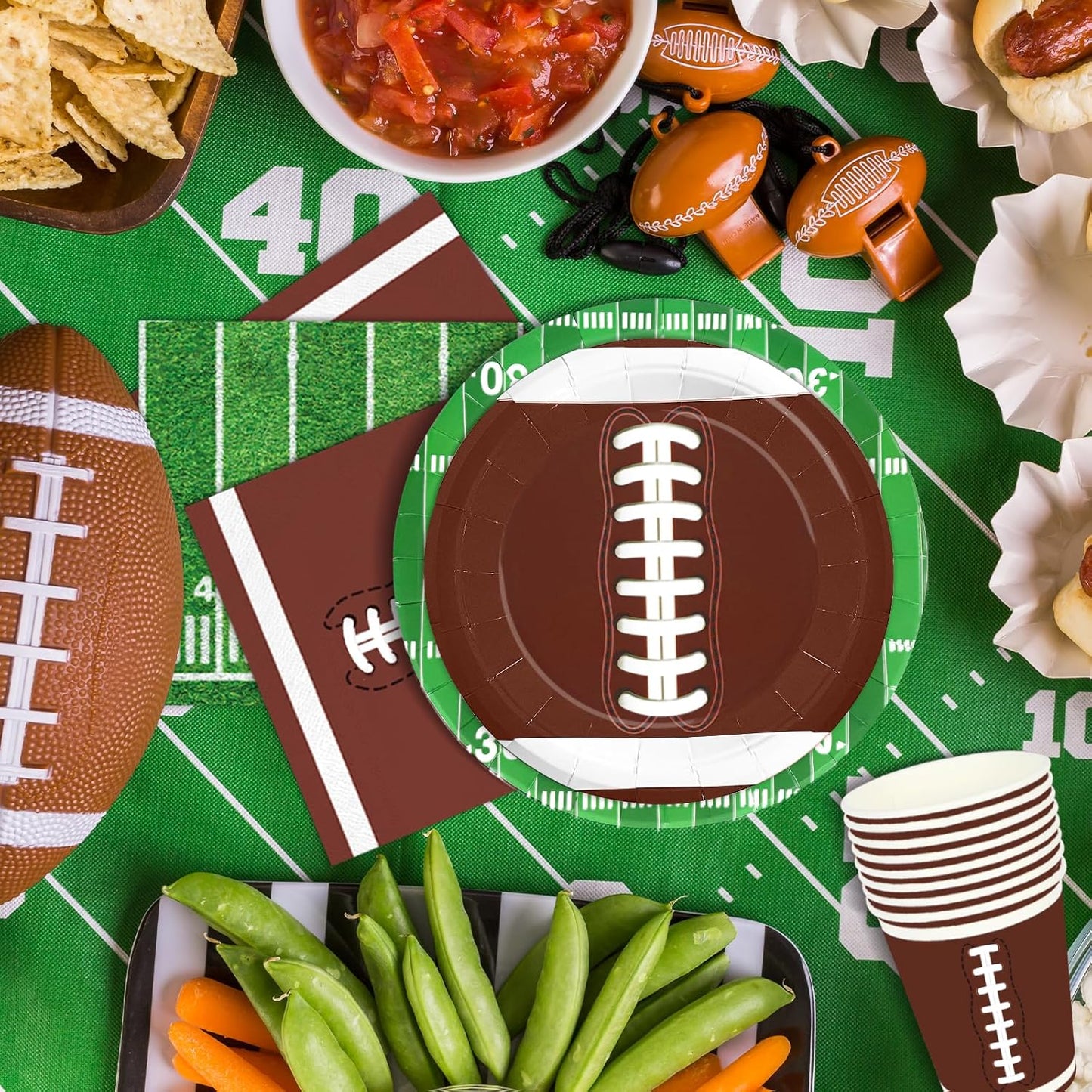Football Party Supplies Football Themed Party Decorations Including Plates, Napkins, Cups, Banner and Tablecloth for Football Birthday Party Decorations, 24 Guests
