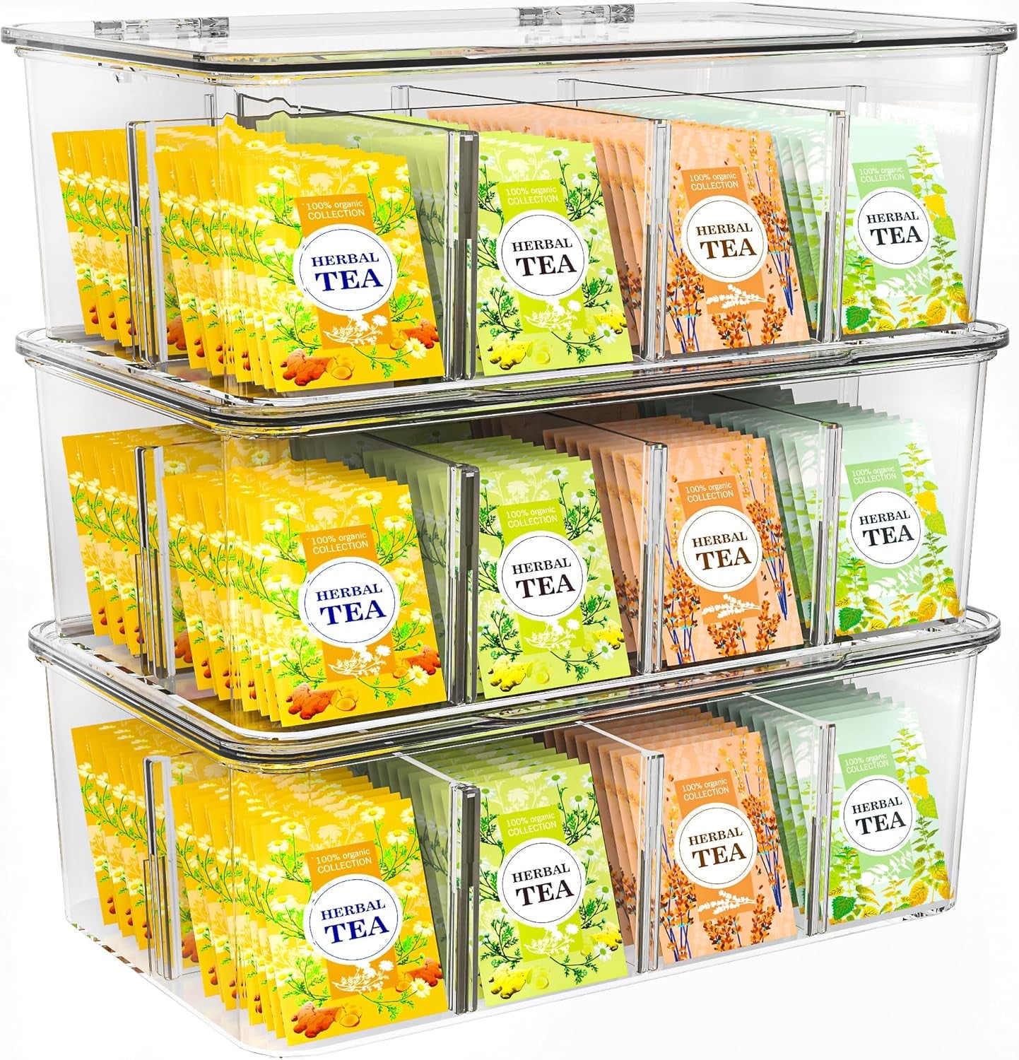 - Pantry Organizers and Storage and Cabinet Organizer - 3 Pack Stackable Tea Bag Organizer or Holder with Lids for Fridge, Refrigerator, Kitchen, Cupboard, Snack & Spice Organization