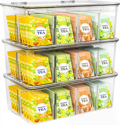 - Pantry Organizers and Storage and Cabinet Organizer - 3 Pack Stackable Tea Bag Organizer or Holder with Lids for Fridge, Refrigerator, Kitchen, Cupboard, Snack & Spice Organization