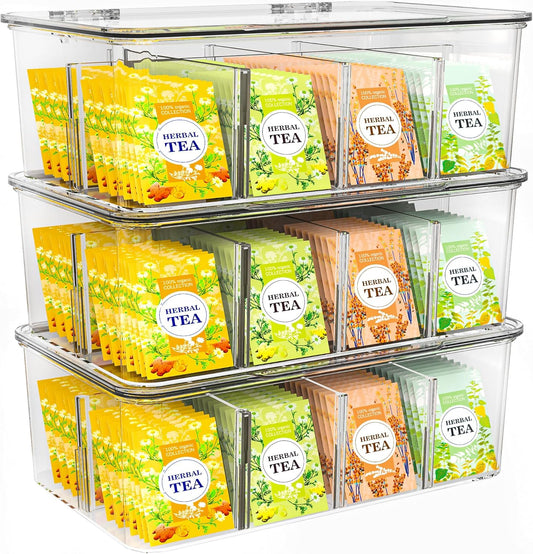 - Pantry Organizers and Storage and Cabinet Organizer - 3 Pack Stackable Tea Bag Organizer or Holder with Lids for Fridge, Refrigerator, Kitchen, Cupboard, Snack & Spice Organization