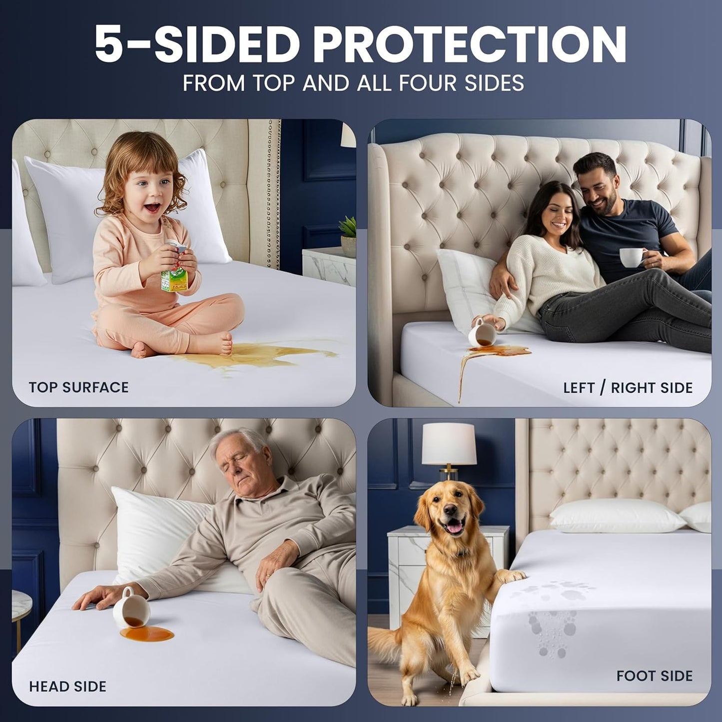 Waterproof 5-Sided Mattress Protector Queen Size, Premium Breathable Mattress Cover, Fitted Style with Stretchable Pockets (White)