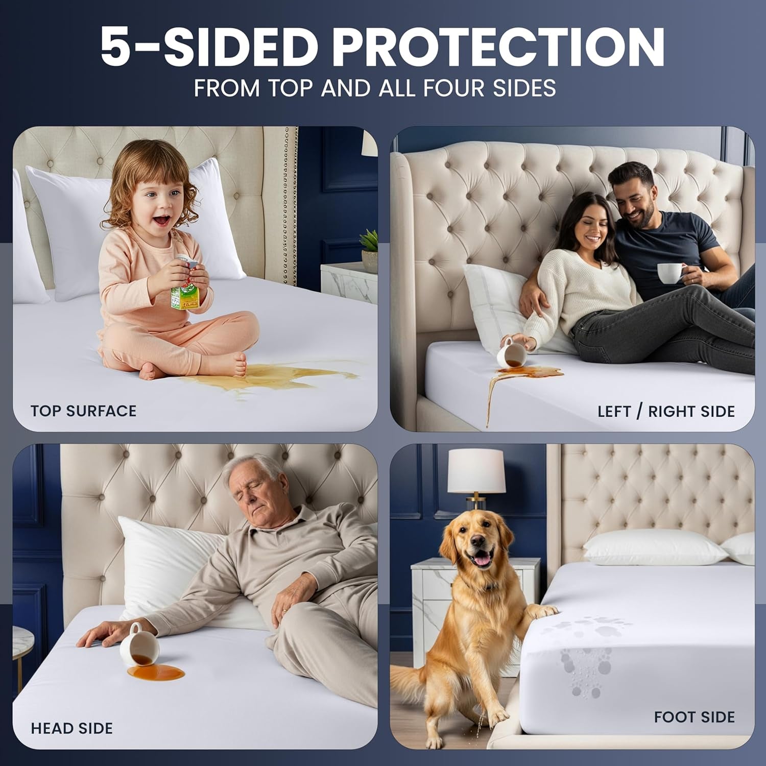 Waterproof 5-Sided Mattress Protector Queen Size, Premium Breathable Mattress Cover, Fitted Style with Stretchable Pockets (White)