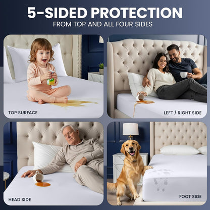 Waterproof 5-Sided Mattress Protector Queen Size, Premium Breathable Mattress Cover, Fitted Style with Stretchable Pockets (White)