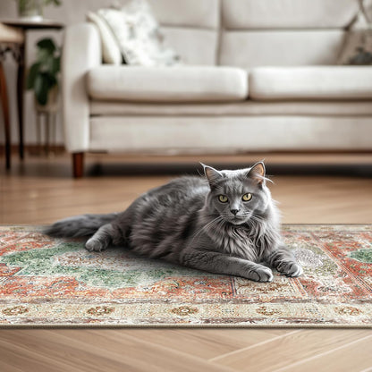 2X3 Area Rugs Machine Washable No Pile Non Slip Vintage Rugs for Living Room&Bedroom&Dinning Room Bohemian Distressed Carpet Indoor,Brick