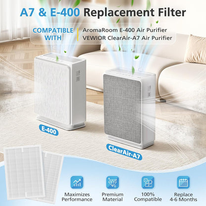 A7 & E-400 Filter Replacement Set for VEWIOR Clearair-A7 and Aromaroom H14 E-400 Air Purifiers, Featuring H14 True HEPA and Activated Carbon Efficiency, Compatible with Part #PF001#APVEC07-P1