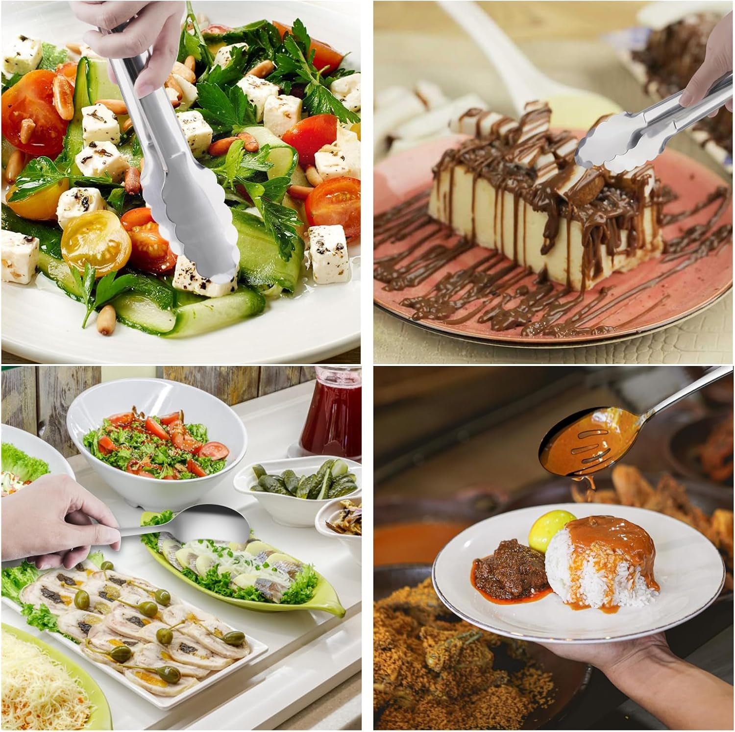 Serving Utensils,  6-Piece Stainless Steel Serving Utensil Set Include Serving Spoon, Slotted Serving Spoon, Serving Fork,Serving Tong, Appetizers Tong,Pie Server (Silver), Regular