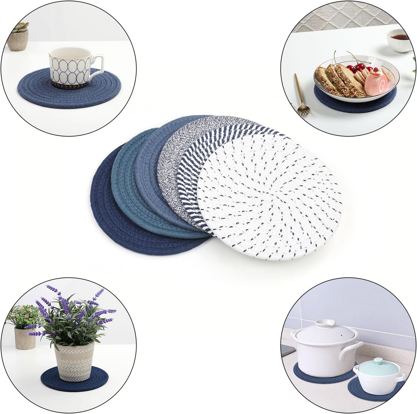 Trivets for Hot Dishes, 6 Pieces 8 Inches Cotton Trivets Mats for Kitchen, Hot Pads for Countertops and Table, Heat-Resistant Pot Holders for Hot Pots and Pans, 6Pcs