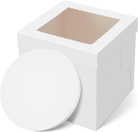 Cake Box with Board Drum, 10X10X10 Inches Tall Bakery Box with Window, Disposable Cake Container with Lid for Multi-Layer Cake, Cake Decorating, Wedding, Birthday, Party