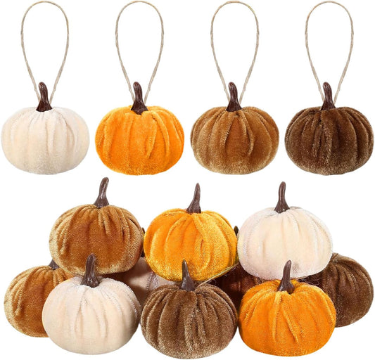 12 Pcs Velvet Pumpkins Fall Thanksgiving Pumpkins Hanging Ornaments Fall Tree Decorations Orange White Brown Velvet Wrapped Pumpkin Ball Decor with Hemp Rope for Thanksgiving Party Tree Farmhouse Home