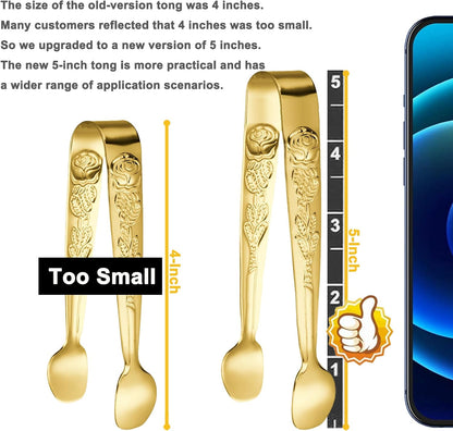 6PCS Mini Serving Tongs 5-Inch Small Rose Sugar Cube Appetizer Tongs, Tiny Metal Tong for Tea Party, Coffee Bar, Desserts (Gold)