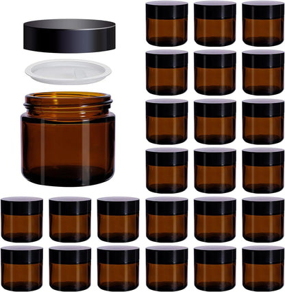 2 Oz Amber Glass Jars with Lids,24 Pack 2Oz Small Glass Jars with Inner Liners and Black Lids,Travel Jars for Cosmetics Container,Cream Lotion,Body Scrub, Lotion