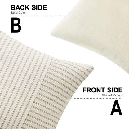 Khaki and Beige Patchwork Farmhouse Pillow Covers 18X18 Inch, Pack of 2 Striped Linen Decorative Modern Accent Pillow Cases for Sofa Couch Bedroom