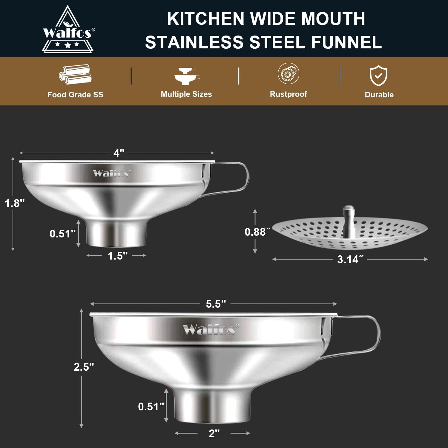 5.5 Inch and 4 Inch Stainless Steel Wide-Mouth Funnel with Handle for Wide and Regular Mason Jars Canning Jars,Wide Mouth Funnels for Kitchen Use Transferring Liquid and Dry Ingredients!