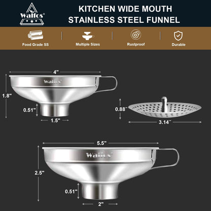 5.5 Inch and 4 Inch Stainless Steel Wide-Mouth Funnel with Handle for Wide and Regular Mason Jars Canning Jars,Wide Mouth Funnels for Kitchen Use Transferring Liquid and Dry Ingredients!