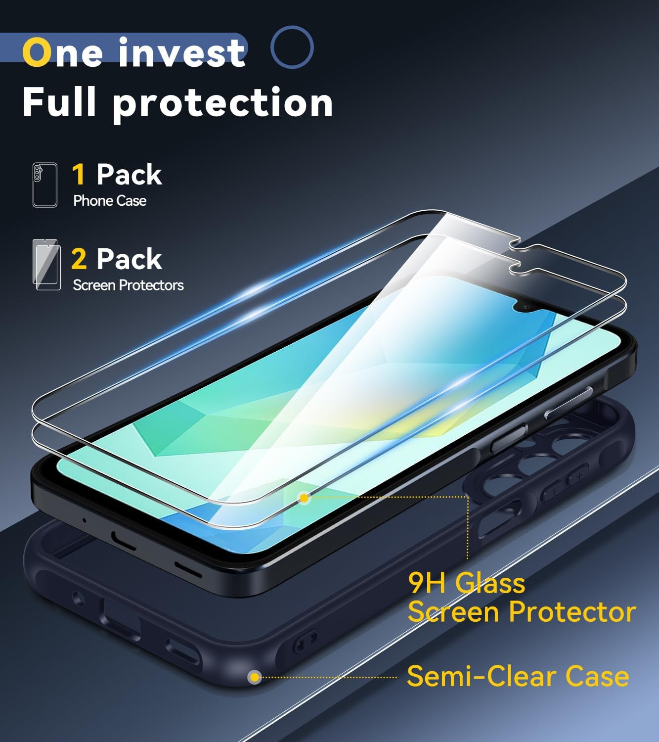 3-In-1 Case for Samsung Galaxy A16 5G with 2 Pack Tempered Glass Screen Protector, [Military Grade Protection] Matte Thin Slim Phone Bumper Cover Hard Back [Anti-Scratch] [Non-Yellowing]-Blue