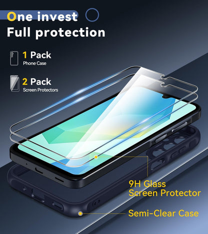 3-In-1 Case for Samsung Galaxy A16 5G with 2 Pack Tempered Glass Screen Protector, [Military Grade Protection] Matte Thin Slim Phone Bumper Cover Hard Back [Anti-Scratch] [Non-Yellowing]-Blue