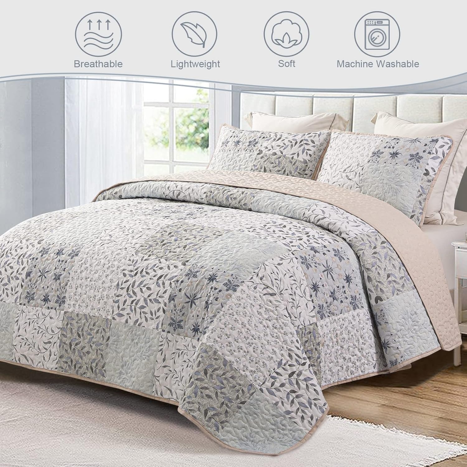Queen Size Reversible Boho Quilt Set, 3-Piece Patchwork Gray All-Season Bedspread, Ultra-Soft Floral Coverlet with Printed Pattern (Includes 1 Quilt and 2 Pillow Shams)