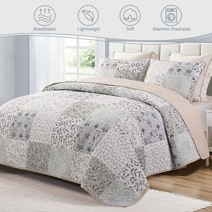 Queen Size Reversible Boho Quilt Set, 3-Piece Patchwork Gray All-Season Bedspread, Ultra-Soft Floral Coverlet with Printed Pattern (Includes 1 Quilt and 2 Pillow Shams)