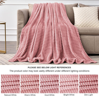 Fleece Throw Blanket for Couch – 3D Ribbed Jacquard Soft and Warm Decorative Fuzzy Blanket – Cozy, Fluffy, Plush Lightweight Pink Throw Blankets for Bed, Sofa, 50X60 Inches