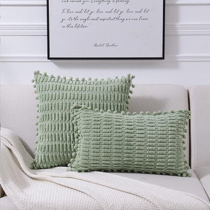 2 Packs Sage Green Decorative Throw Pillow Covers 18X18 Inch with Pom-Poms for Couch Bed Living Room, Farmhouse Boho Home Decor, Soft Corduroy Cute Square Cushion Case 45X45 Cm