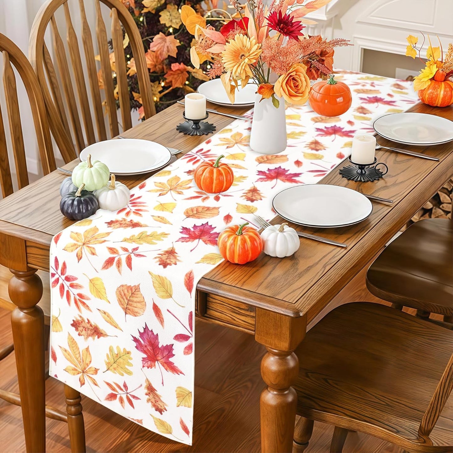 Fall Table Runner for Kitchen Dining Table, Thanksgiving Autumn Printed Harvest Pumpkins Maple Leaves Textured Fabric Halloween Holiday Home Decorations, Water-Proof, Washable, 13" W X 36" L