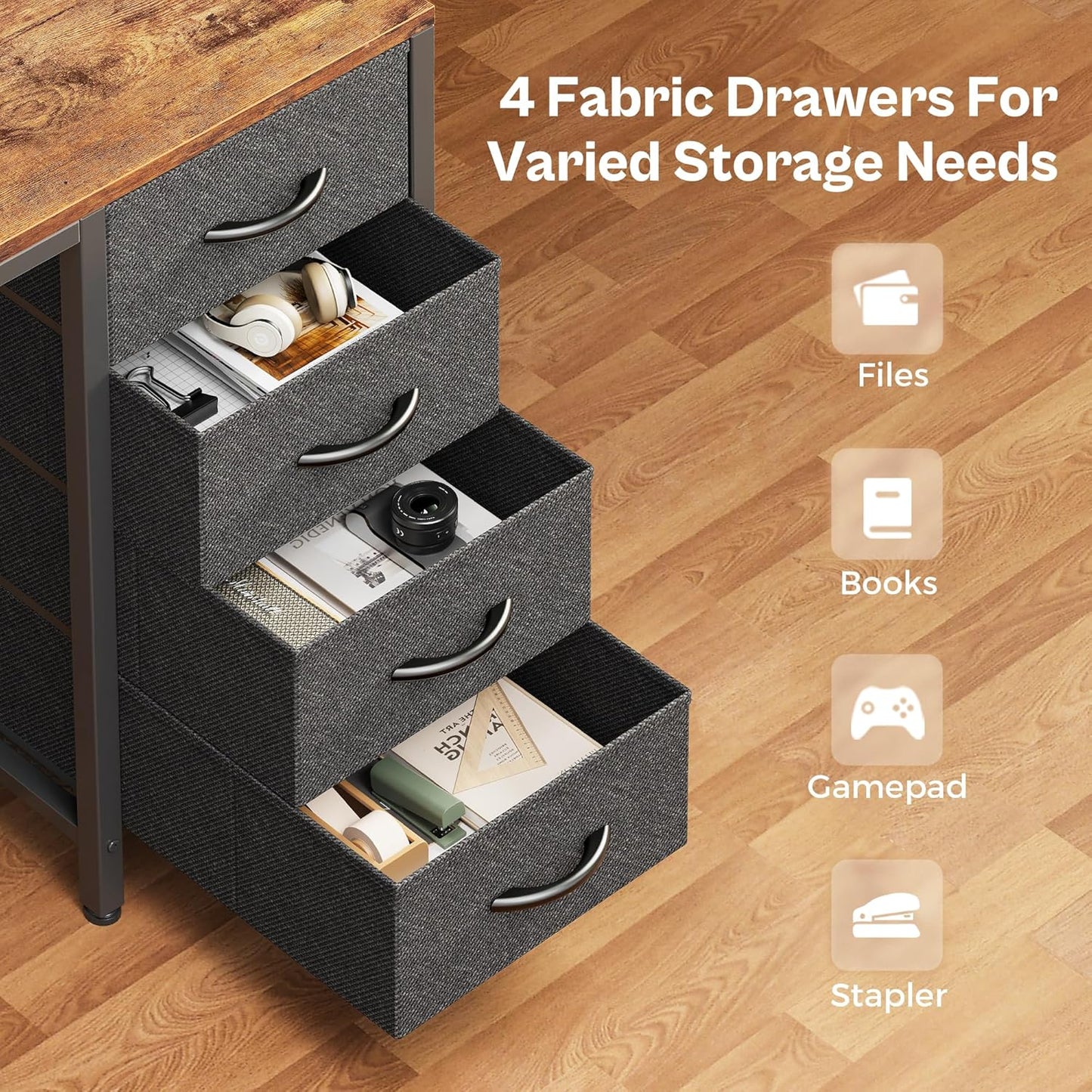 55-Inch Computer Desk with 4 Drawers, LED Lighting, and Power Outlets - Spacious Home Office and Gaming Desk in Rustic Brown Finish