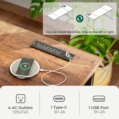 63 x 24 Inch Heavy-Duty Computer Desk with Power Outlets & USB-C, Enhanced Desktop Thickness, Sturdy Metal Frame, Ideal for Home Office and Gaming, Rustic Brown Finish