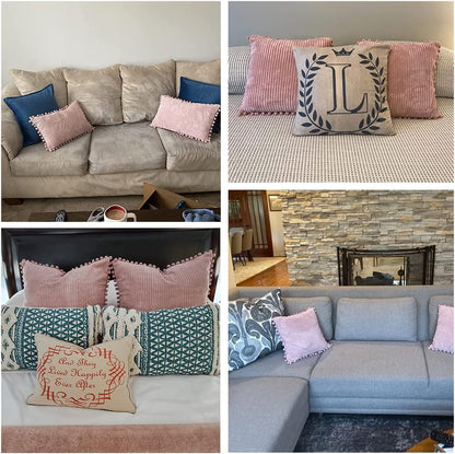 Pack of 2 Decorative Throw Pillow Covers with Pom-Poms, Soft Corduroy Solid Square Cushion Case Pillow Cases Set for Couch Sofa Bedroom Car Living Room (18X18 Inch/45X45 Cm, Blush Pink)