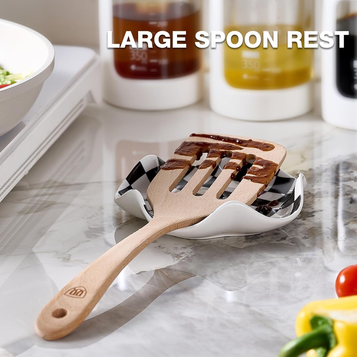 Ceramic Spoon Rest, 5.3In Black & White Pattern, Heat Resistant Cooking Spoon Holder for Kitchen Countertop, Stove Top, Spatula, Ladle, Coffee Spoon Rest