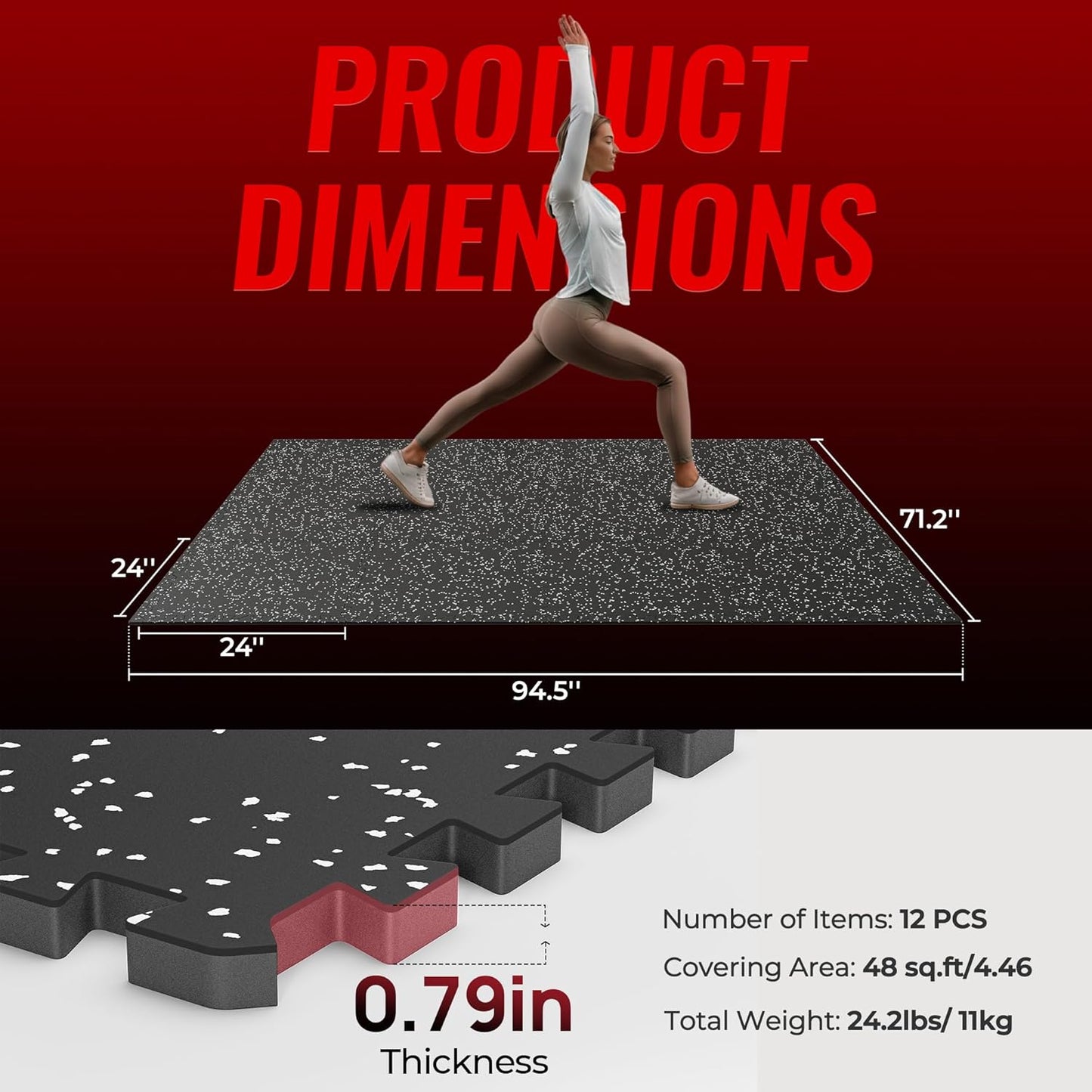 Extra-Thick 0.79'' Exercise Equipment Mats - 12 Pack 48 Sq Ft Interlocking Rubber Top Floor Tiles with High Density EVA Foam for Home Gym and Workout, Black/Grey