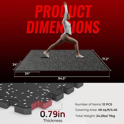 Extra-Thick 0.79'' Exercise Equipment Mats - 12 Pack 48 Sq Ft Interlocking Rubber Top Floor Tiles with High Density EVA Foam for Home Gym and Workout, Black/Grey