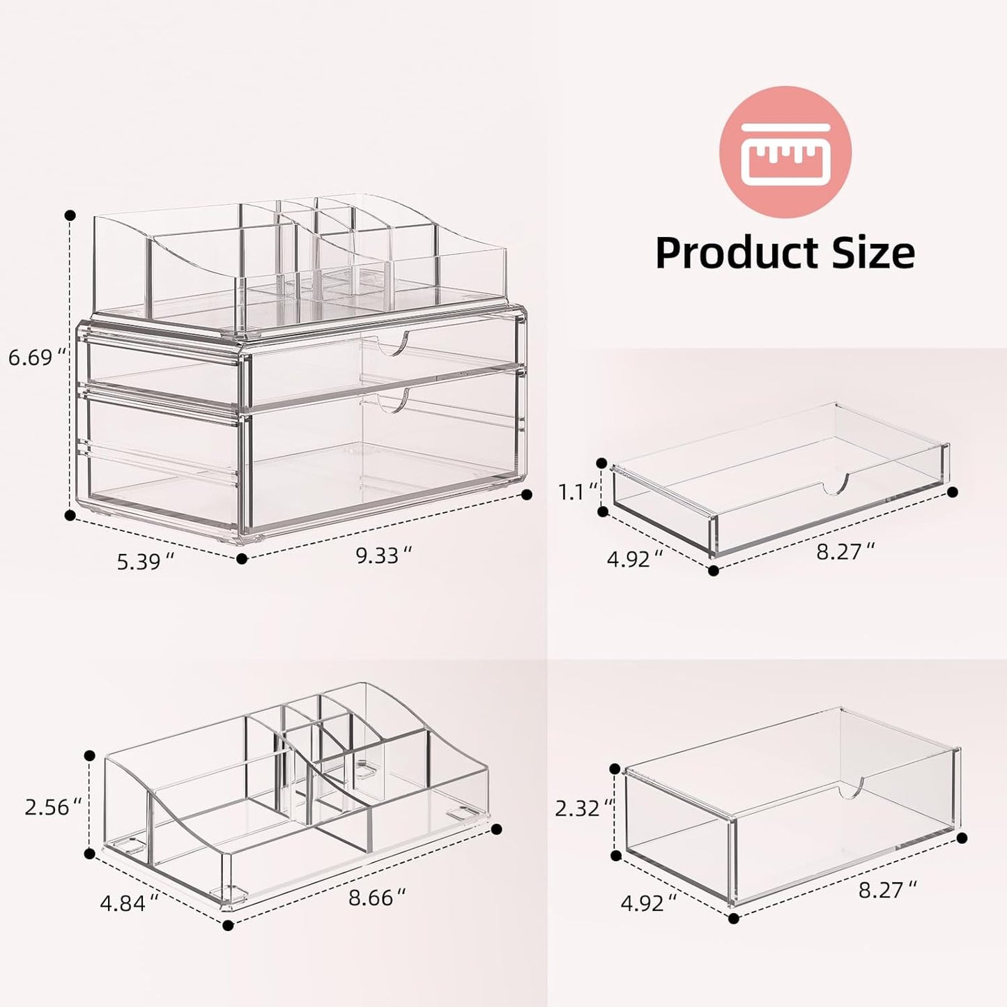 3-Tier Clear Makeup Organizer with Drawer, Acrylic Cosmetic Display Case for Makeup Vanity Bathroom Counter Organizers and Storage, Stackable Vanity Organizer for Brushes Lipsticks Skincare