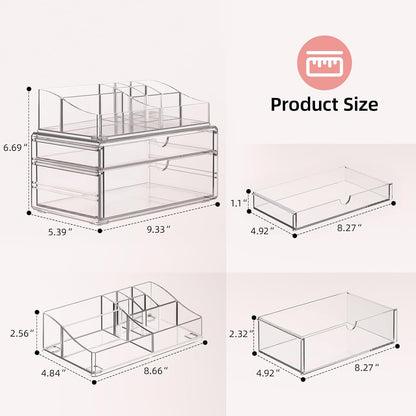3-Tier Clear Makeup Organizer with Drawer, Acrylic Cosmetic Display Case for Makeup Vanity Bathroom Counter Organizers and Storage, Stackable Vanity Organizer for Brushes Lipsticks Skincare