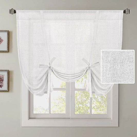 Tie up Linen Curtains 63 Inch Length Nature Linen Textured Privacy Curtain Multi Hanging Ways Shade Balloon Window Shade Rod Pocket Casual Curtain - 42X63 - White